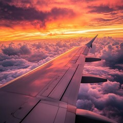 Obraz premium A stunning view from an airplane window. The wing cuts through vibrant clouds. Dramatic sunset colors fill the sky, creating a sense of adventure and freedom
