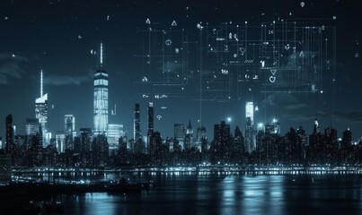 Wireframe digital interface with arrows in night New York city
