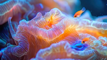 A close-up of a vibrant coral reef with two small, orange fish swimming in the foreground. 