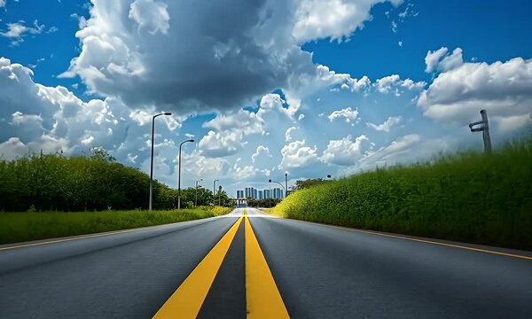 
A road leading into the distance, with yellow lines on both sides and clouds in front. In the background is an abandoned industrial area within tropical rainforests,