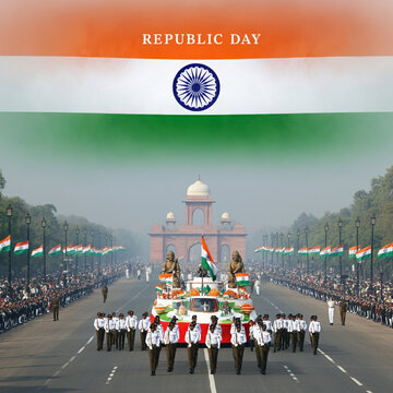 A grand view of a Republic Day parade, showcasing vibrant festivities with the Indian flag prominently displayed