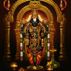 A magnificent portrayal of Lord Venkateswara adorned with vibrant garlands and a golden temple decor, symbolizing wealth, spirituality, and blessings in Hinduism