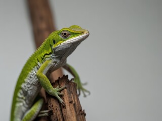 Fototapeta premium green lizard on a white background,lizard on a branch,green lizard on a branch