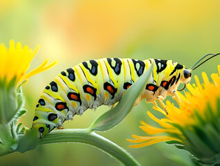 Naklejka premium Caterpillar undergoes metamorphosis into a beautiful butterfly with vibrant colors and delicate wings.
