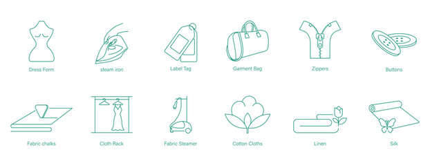 Dress Form, Steam Iron, Label Tag, Garment Bag, Zippers, Buttons, Fabric Chalk, Cloth Rack, Fabric Steamer, Cotton Cloth, Linen, Silk Icon Set