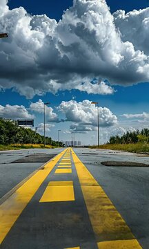 
A road leading into the distance, with yellow lines on both sides and clouds in front. In the background is an abandoned industrial area within tropical rainforests,