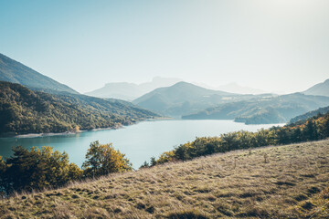 Hiking in autumn and discovery of the landscape of the Drac Himalayan footbridge, in Isère and the...
