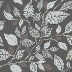 Seamless vector pattern of decorative leaves in gray colors.