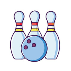 Colorful bowling pins and ball illustration, symbolizing bowling and indoor entertainment, isolated on white background.