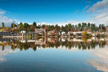 Lake Placid town over Mirror Lake Adirondack Mountains New York