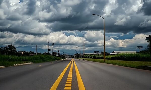 
A road leading into the distance, with yellow lines on both sides and clouds in front. In the background is an abandoned industrial area within tropical rainforests,
