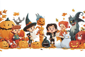 group of children are posing for a picture with pumpkins and other Halloween decorations. Scene is festive and playful, as the children are dressed up in costumes