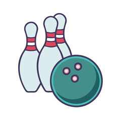 Colorful bowling pins and ball illustration, symbolizing bowling and indoor entertainment, isolated on white background.