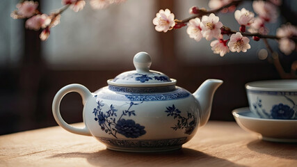 A teapot and cup are on a wooden table with a blue and white design against on the blossom sakura. Traditional Chinese interior.