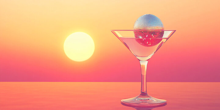 Cocktail party with disco ball on peach fuzz sunset color background. Disco party, retro fashion. Modern stylish banner template for holiday card, banner, flyer, menu with space for text