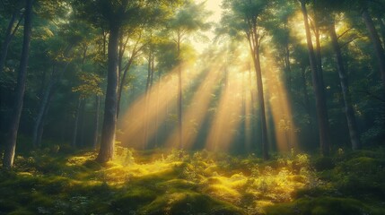 Fototapeta premium Morning Sun Rays in the Forest Dreamy Background Wallpaper Generative AI