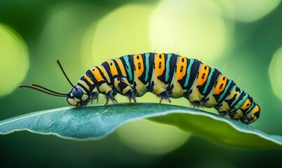 Fototapeta premium A close-up of a caterpillar on a leaf, beginning to spin its cocoon, surrounded by a blurred green background