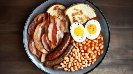 Plate with a traditional breakfast featuring crispy bacon slices, sausages, baked beans, toasted bread, and sliced boiled eggs on a wooden table surface.