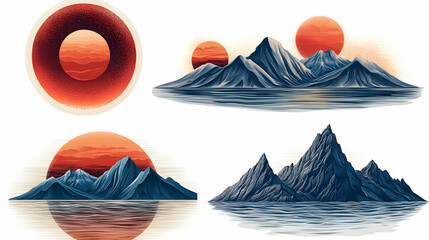 Four illustrations of mountain ranges with sunrise behind them.