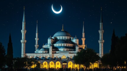 A stunning night view of a mosque with a crescent moon and stars in the sky.