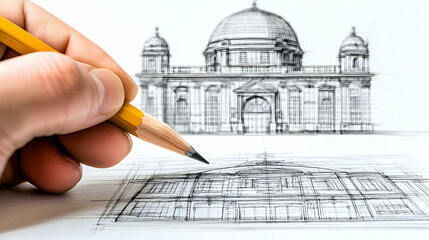 Hand sketching an architectural design of a building with a dome.