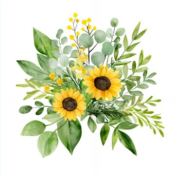 watercolor sunflowers green leaves floral arrangement clip art preview