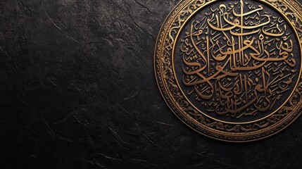 A decorative circular design featuring intricate Arabic calligraphy on a textured dark background.