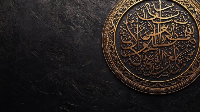 Naklejki A decorative circular design featuring intricate Arabic calligraphy on a textured dark background.