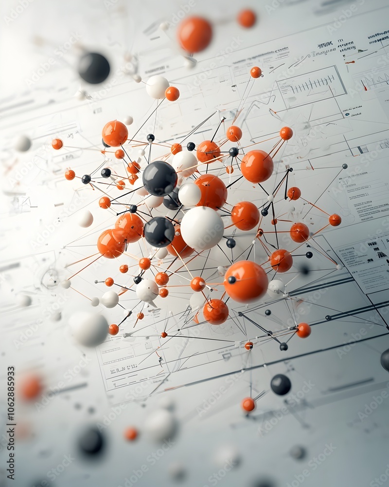 Poster globular molecular formation with dynamic intertwined components and prismatic energy emanations set