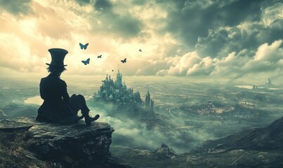 Mad Hatter's Dreamy Landscape: A surreal banner background of Mad Hatter Day, featuring a dreamy landscape where time and reality bend