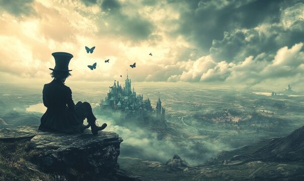 Mad Hatter's Dreamy Landscape: A surreal banner background of Mad Hatter Day, featuring a dreamy landscape where time and reality bend