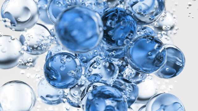 Abstract animation of blue and transparent spheres floating and intersecting, creating an illusion of bubbles in water. Perfect for backgrounds, conceptual videos, and advertising graphics. Serum oil.