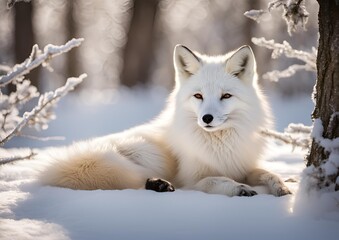 A white fox is lying down