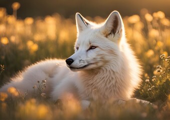 A white fox is lying down