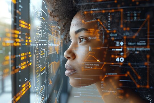 Young woman engaged with futuristic heads up display and advanced face scanning technology