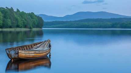 Obraz premium A lone wooden boat sits in the calm water of a lake at dusk, with mountains in the background.
