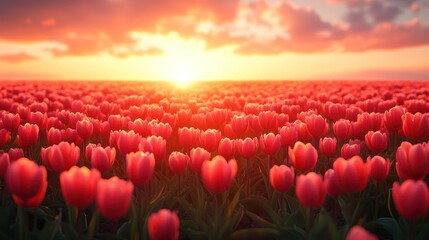 Vibrant tulip field at sunset, showcasing nature's beauty.