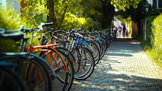 Sunlit City Bike Rack on a Leafy Street