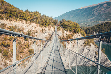 Hiking in autumn and discovery of the landscape of the Drac Himalayan footbridge, in Is&egrave;re and the Auvergne-Rh&ocirc;ne-Alpes region in France