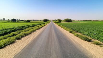 Fototapeta premium Long straight rural asphalt road flanked by green agricultural fields and trees under a clear blue sky
