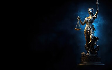 Fototapeta premium A striking image of the statue of Lady Justice holding balanced scales in her hand, positioned against a dark blue background, featuring a banner-style layout for text placement