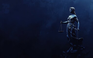Fototapeta premium A striking image of the statue of Lady Justice holding balanced scales in her hand, positioned against a dark blue background, featuring a banner-style layout for text placement