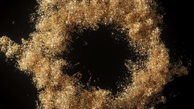 Gold round circle shape explosion with red shiny particles like a smok on a black and dark background. Holiday background. 3D animation footage.
