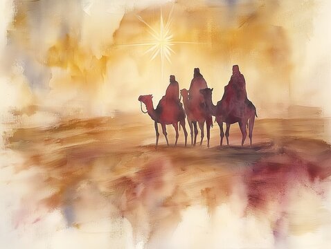 Watercolor illustration of three wise men on camels