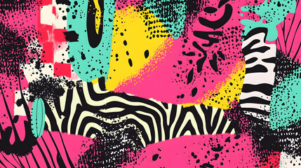 Abstract colorful pattern with zebra stripes and splashes of paint.