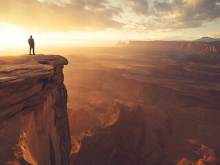 Fototapeta premium A lone man stands on a cliff overlooking a vast desert landscape at sunrise.