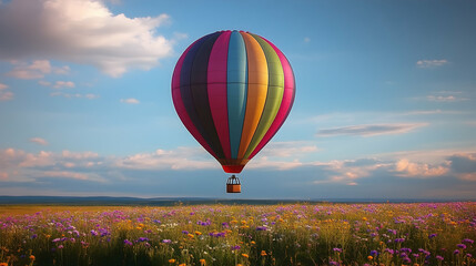 Fototapeta premium Colorful hot air balloon soaring over a field of wildflowers.