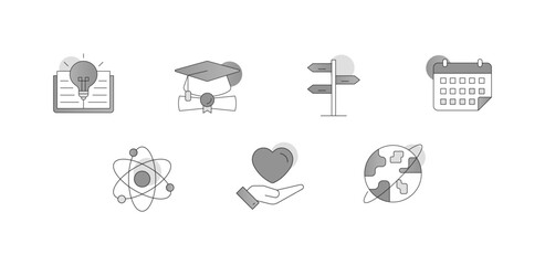 Innovation and Technology. Icons Included: Chip Circuit, Atom Symbol, Open Book with Lightbulb, Briefcase with Arrow Up, Calendar with Event Marked