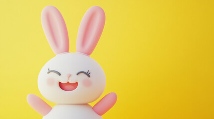closeup of a kawaii pink and white toy bunny on yellow background