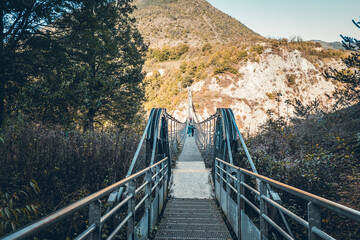 Hiking in autumn and discovery of the landscape of the Drac Himalayan footbridge, in Isère and the Auvergne-Rhône-Alpes region in France